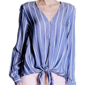 Max Studio Long Sleeve V-Neck Tie Front Striped Blouse XS Blue White Rayon